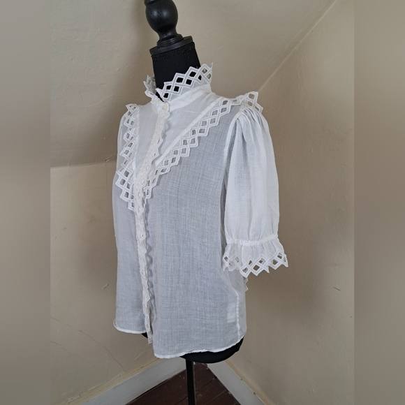 Frame Women's Embroidered High-Neck Short Sleeve Blouse Top Size S - Picture 7 of 13